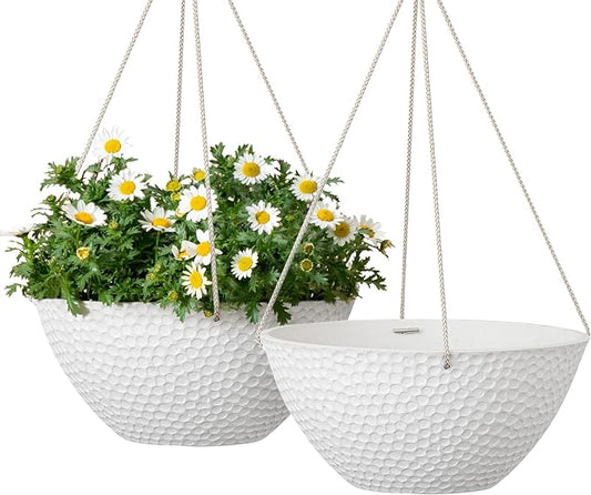 LA JOLIE MUSE Hanging Planters for Outdoor Plants, Large Hanging Planter with Drain Holes, Outdoor Hanging Flower Pots, White Stone, Honeycomb (13.2 Inch, Set of 2)