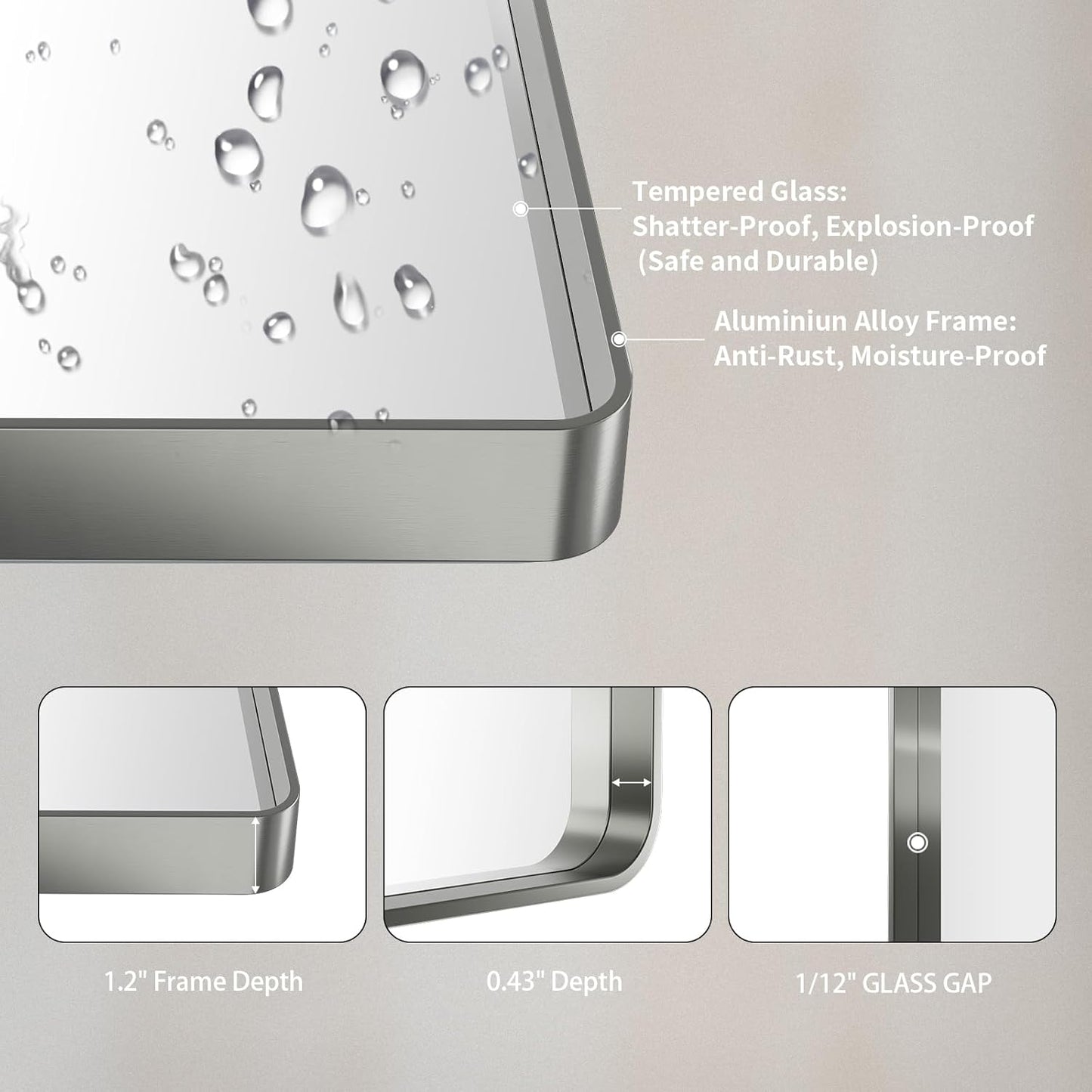 LOAAO 40X32 Inch Brushed Nickel Bathroom Mirror, Rounded Rectangle Silver Metal Frame Mirror, Brushed Nickel, Anti-Rust, Shatter Proof, Hangs Horizontally or Vertically