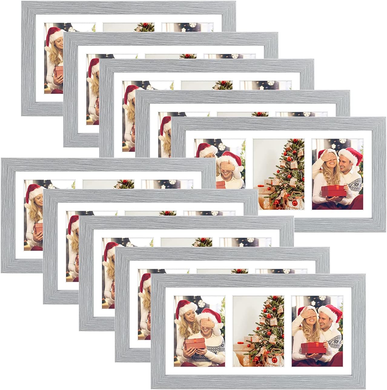 Golden State Art, Set of 10, 7x14 Grey Photo Wood Collage Frame with Mat Displays (3) 4"x6" Pictures