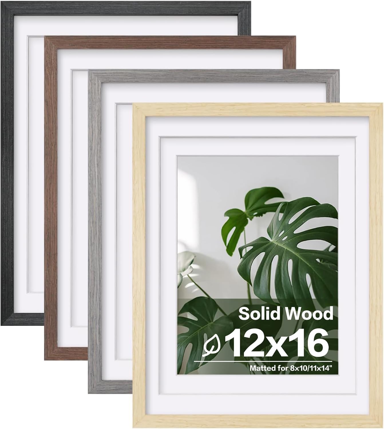 Egofine 12x16 Picture Frame Set of 4, Made of Solid Wood Multicolor Photo Frame Covered by Plexiglass 9x12 and 11x14 with Mat or 12x16 without Mat, for Wall Mounting Mixed Colors