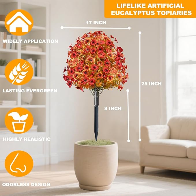 2 Pack Fall Artificial Mums Topiary Ball Tree with Ground Spike Boxwood 25" UV Resistant Fake Greenery Shrub Faux Violet Plant Fall Decorations Flower for Garden Yard Porch Patio Autumn Outdoor Decor