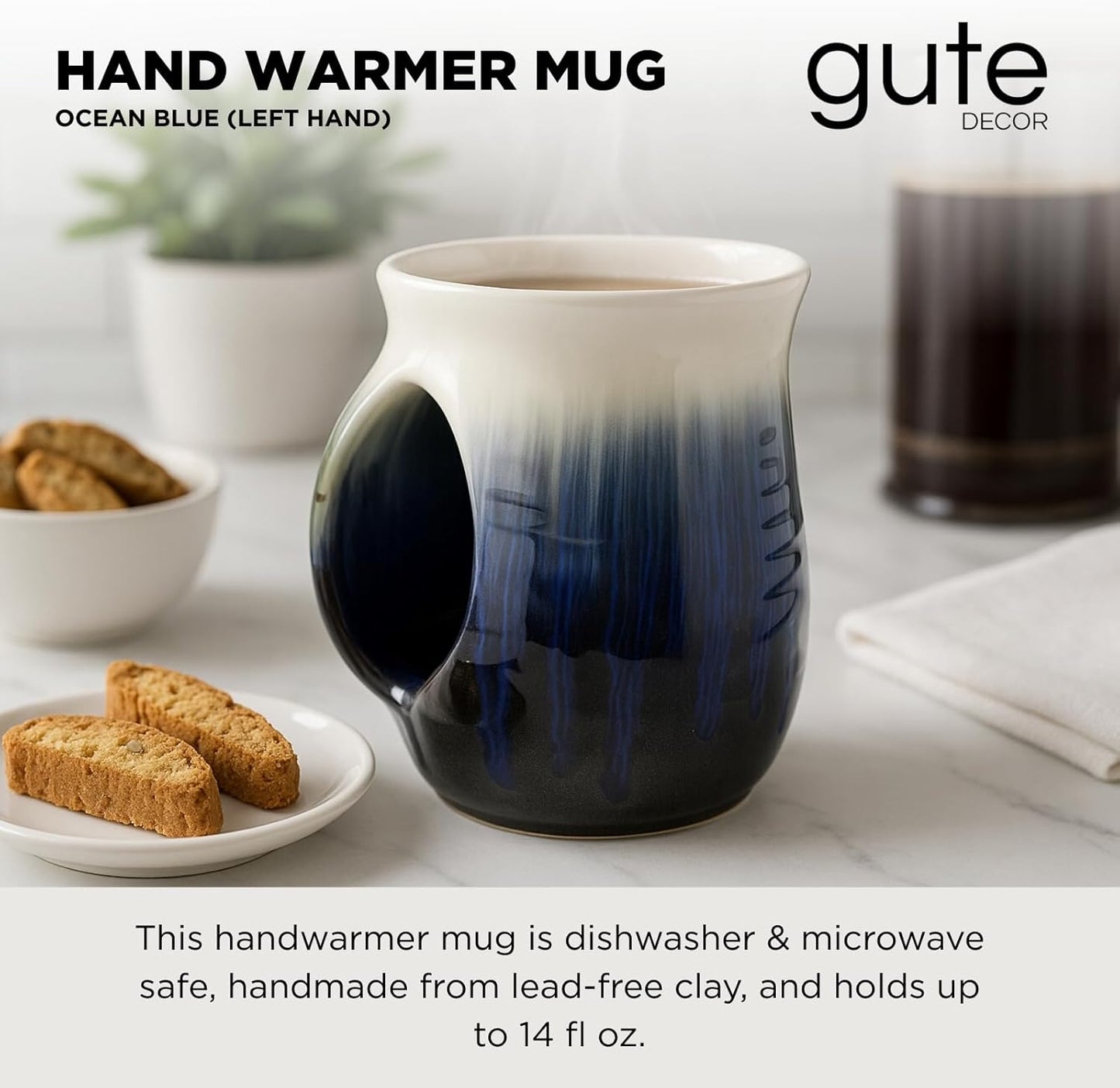 GUTE Hand Warmer Mug, Ceramic and Hand Painted - Contoured Pocket will Hold Warmth From The Heat Of Your Drink To Keep Your Fingers Warm, Comfy Handwarmer (Ocean Blue) (Left Handed)