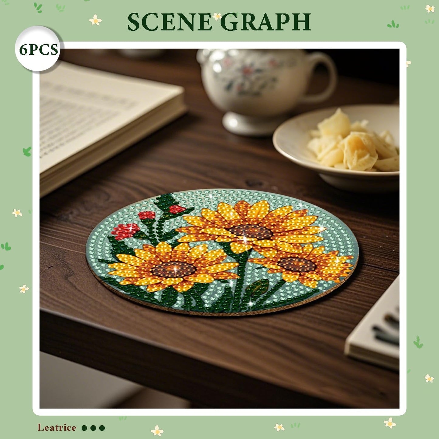 Leatrice 6PCS Flower Diamond Art Coasters Small Diamond Painting Kits for Adults Diamond Dots Round Full Drill Diamond Coasters with Holder Easy Art Crafts for Beginners Women