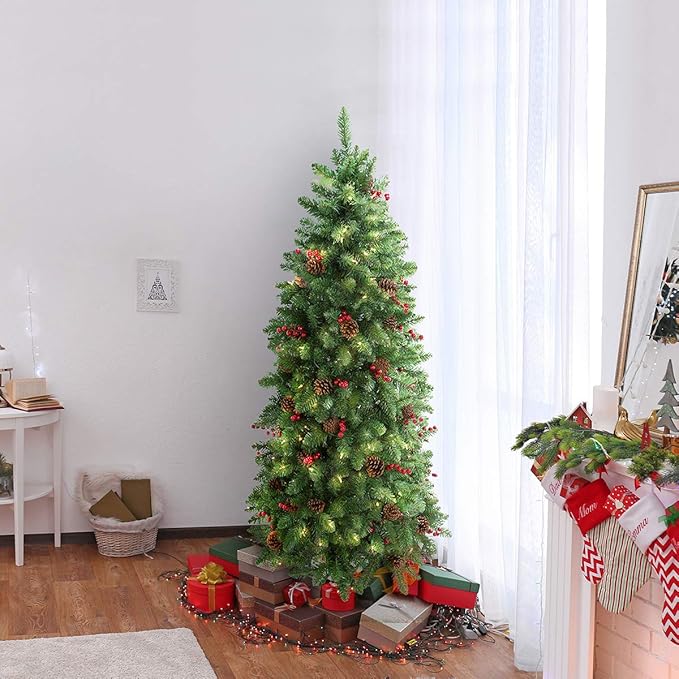 4.5FT Prelit Slim Christmas Tree, Decorated with 150 Clear Lights and Realistic 452 Thicken Tips, Hinged