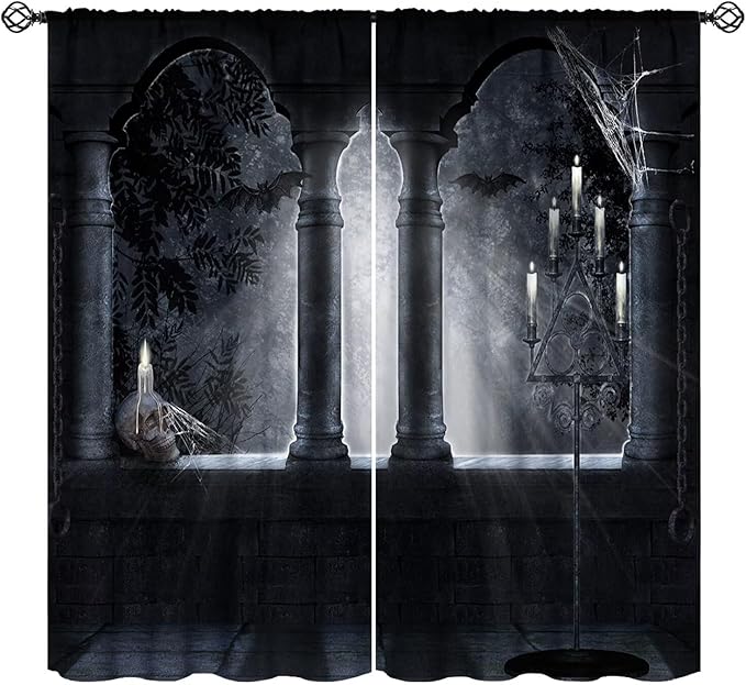 Halloween Blackout Curtains，Candle Skull in Weird Dark Scary Balcony Under Bright Moonlight Pattern Drapes Window 2 Panel Rod Pocket Curtain for Bedroom Living Room Decor 21" W X 45" L