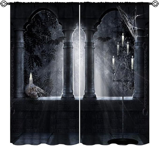 Halloween Blackout Curtains，Candle Skull in Weird Dark Scary Balcony Under Bright Moonlight Pattern Drapes Window 2 Panel Rod Pocket Curtain for Bedroom Living Room Decor 21" W X 45" L