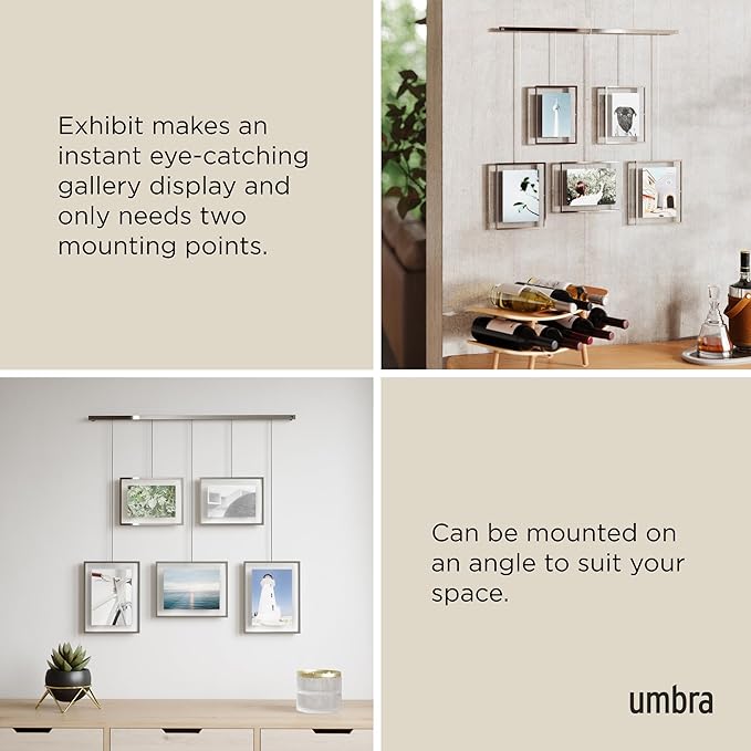 Umbra Exhibit Adjustable Photo Display – DIY Collage Set Mounts in Various Layouts Horizontally and at Different Angles - Holds 5 Picture Frames for Photos, Prints, Artwork and More, 4 by 6 inch and 5