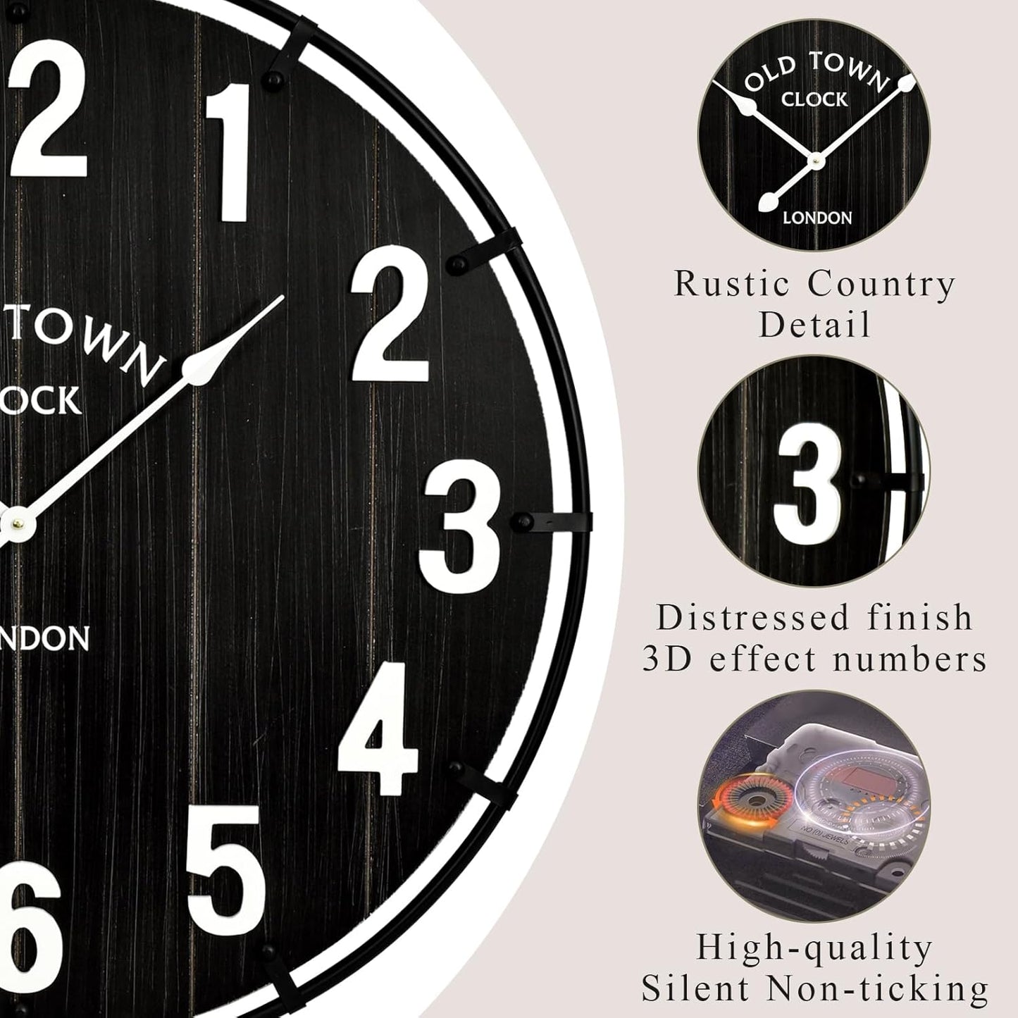 Farmhouse Black 30 Inch Wooden Large Wall Clock, Silent Non-Ticking Quartz Movement, Battery Operated Modern Rustic Clock for Living Room, Kitchen, Office, Home Decor