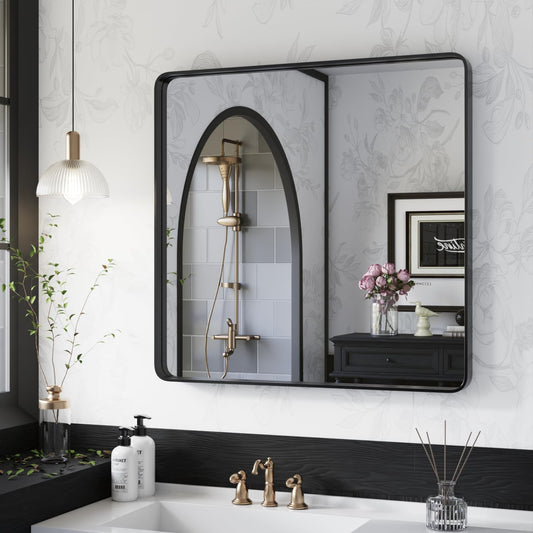 ISKM 32"x 32" Black Framed Bathroom Mirror for Wall, Bathroom Vanity Mirror Anti-Rust, Tempered Glass, Rounded Rectangle Mirror(Horizontal/Vertical)