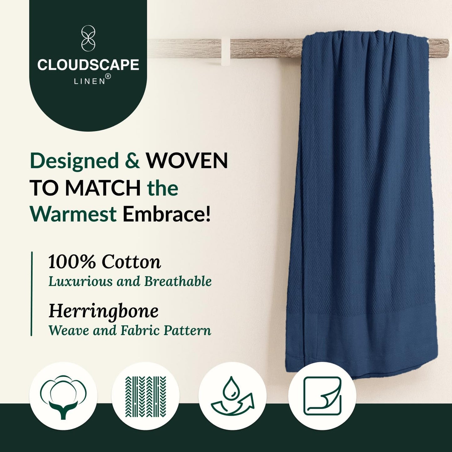 Cloud Scape Linen 100% Cotton Blanket Queen Size - Lightweight All Season & Breathable Blanket, Herringbone Weave, Best Gift for Women, Mom, Men,fits Full Size Bed, 92x92, Ensign Blue