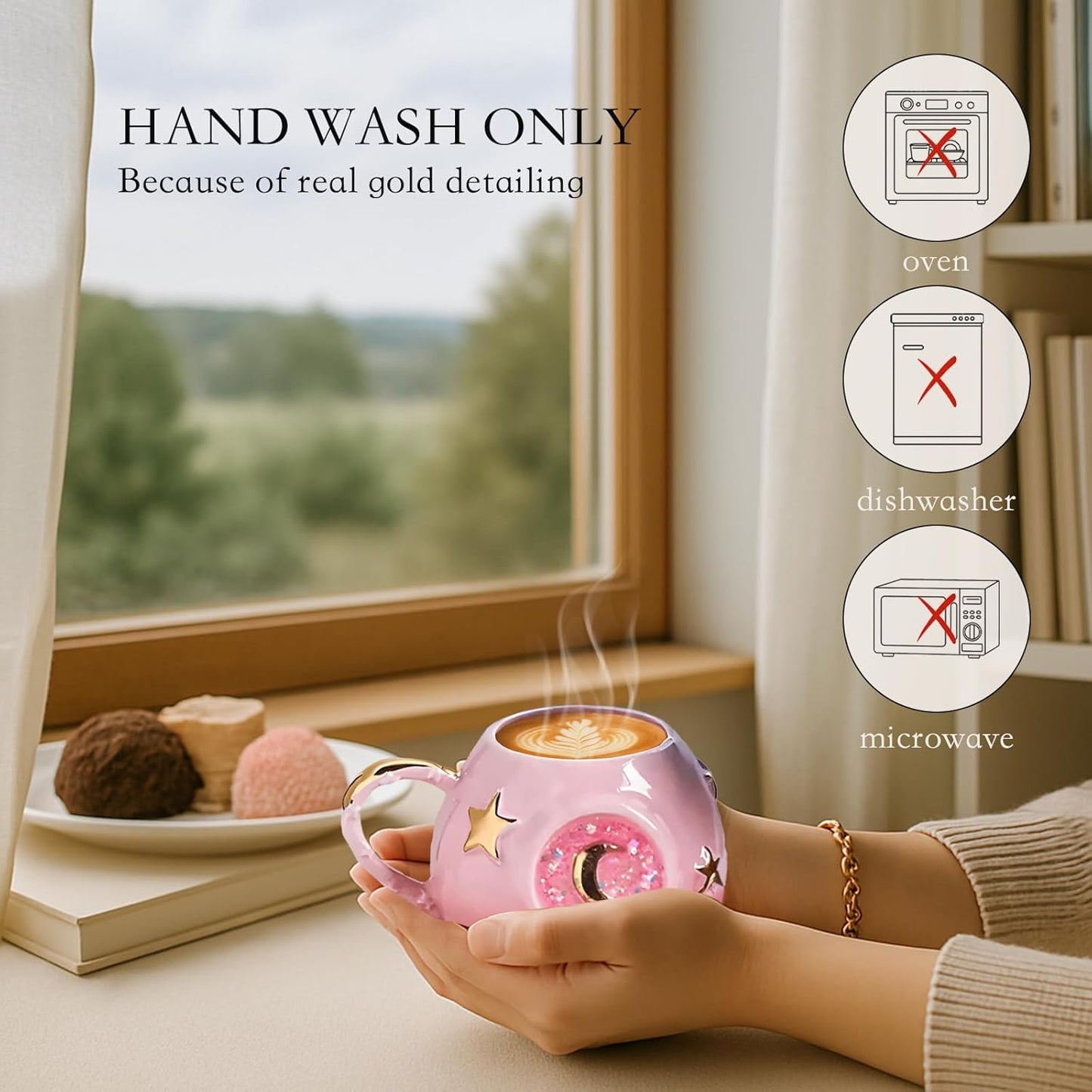 Handmade Coffee Cup 400ML with Fancy Tarot Star/Moon Design, Fashion Starry Sky Ice Coffee Cup, Gradient Pink Pottery Tea Cup for Home/Office (pink)