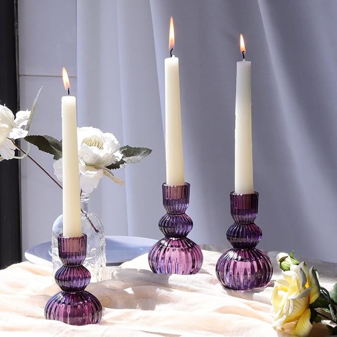 Woho Set of 6 Purple Taper Candle Holders 4.3" H for Halloween Decorations, Vintage Ribbed Glass Candlestick Holders for Wedding Table Centerpiece, Candle Sticks Holder Decor for Holiday Home Decor
