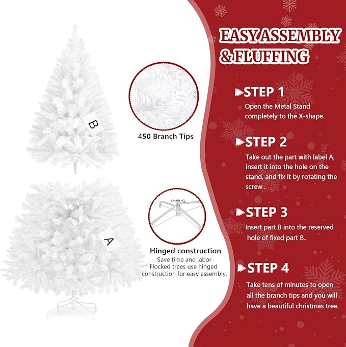 ULICO 4ft Artificial White Christmas Tree,Premium Spruce Xmas Tree with 450 Branch Tips, Fake Christmas Tree with Foldable Metal Base Stand,Home, Office,Party Decoration