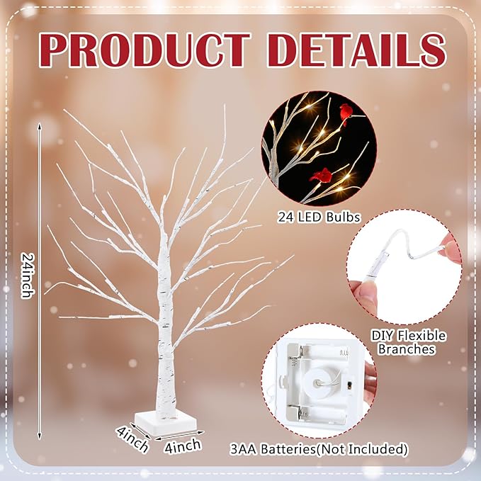 2 Pcs 2 ft Birch Tree with LED Lights for Christmas Decor Indoor with 12 Pcs Mini Cardinal Clips on Tree Ornament Lighted Birch Tree Battery Powered for Home Table Centerpiece Mantel Decor