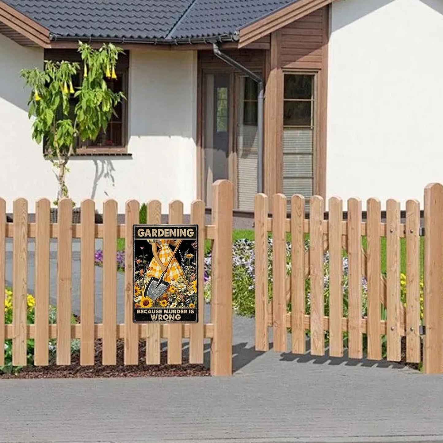 Funny Sign Gardening Because Murder Is Wrong Metal Tin Sign Retro Wall Decor for Kitchen Outdoor Backyard Gate Farmhouse Garden 12×8 Inch