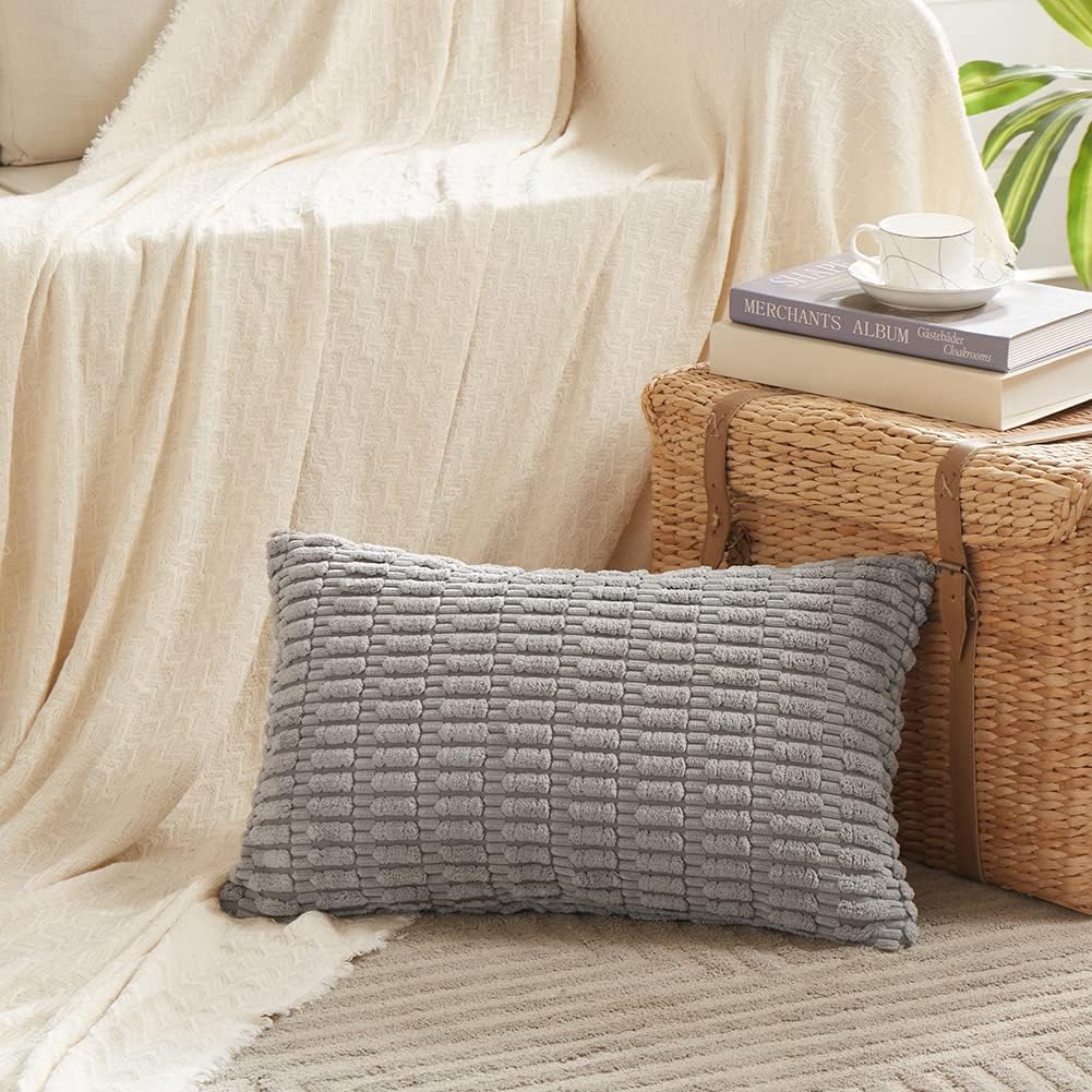 Fancy Homi Gray Lumbar Farmhouse Decorative Throw Pillow Covers 12x24 Inch for Living Room Couch Bed Sofa, Rustic Boho Home Decor, Soft Striped Corduroy Rectangle Cushion Case 30x60 cm