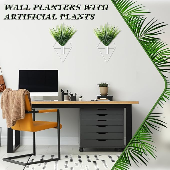 2 Pieces Wall Decor Hanging Planters with Artificial Plants Metal Hanging Vase Indoor Plants Holder Modern Boho Wall Art for Bathroom Bedroom Living Room Decor(White,Aquatic Plant)