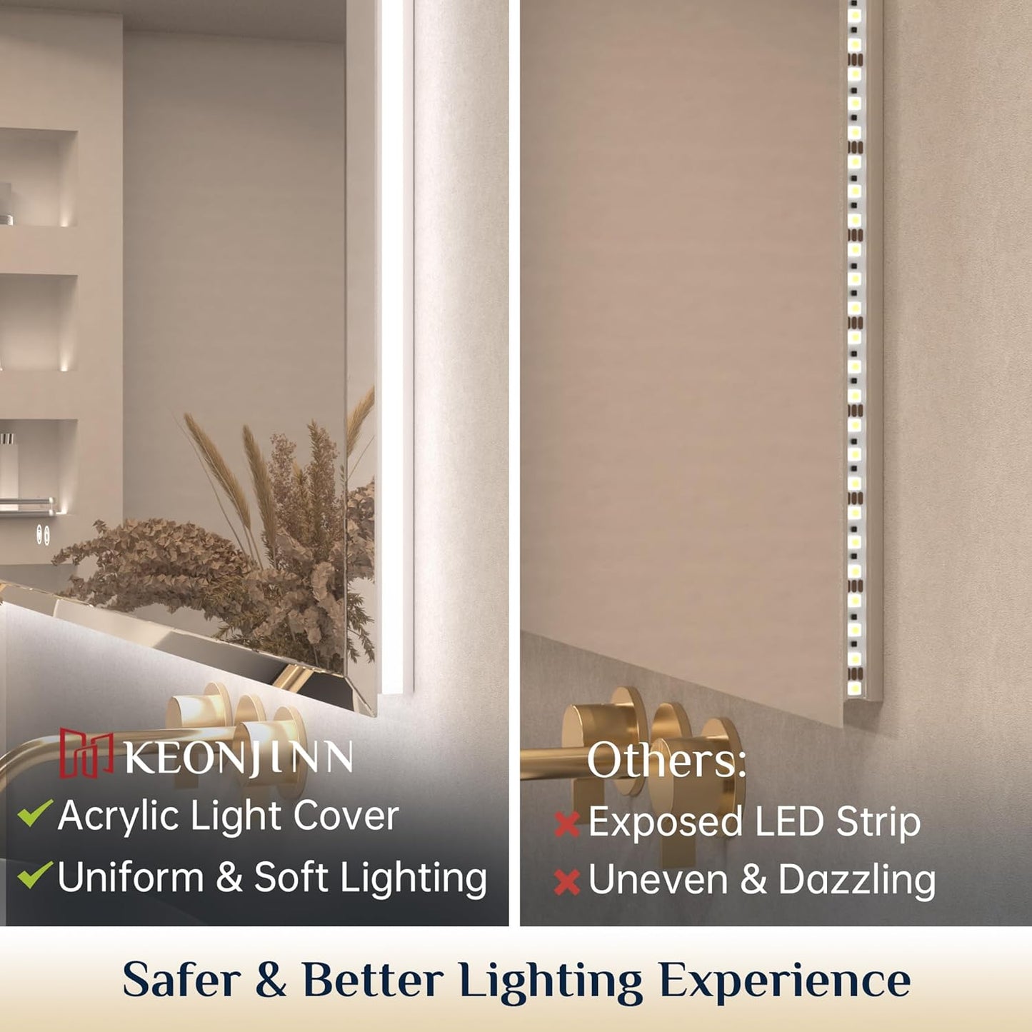 Keonjinn 40 x 30 Inch Backlit Mirror Bathroom, Frameless LED Mirror Beveled Edge, Safe Tempered Glass, UL-Listed, Anti-Fog, 3 Color Lights, Dimmable, Light Up Bathroom Wall Mirrors for Over Sink