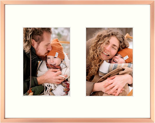 Frametory - 11x14 Aluminum Collage Picture Frame - Display 5x7 Pictures with 2 Openings Mat - Real Glass Front - Horizontal/Vertical Wall Mount - Rose Gold 1 Pack