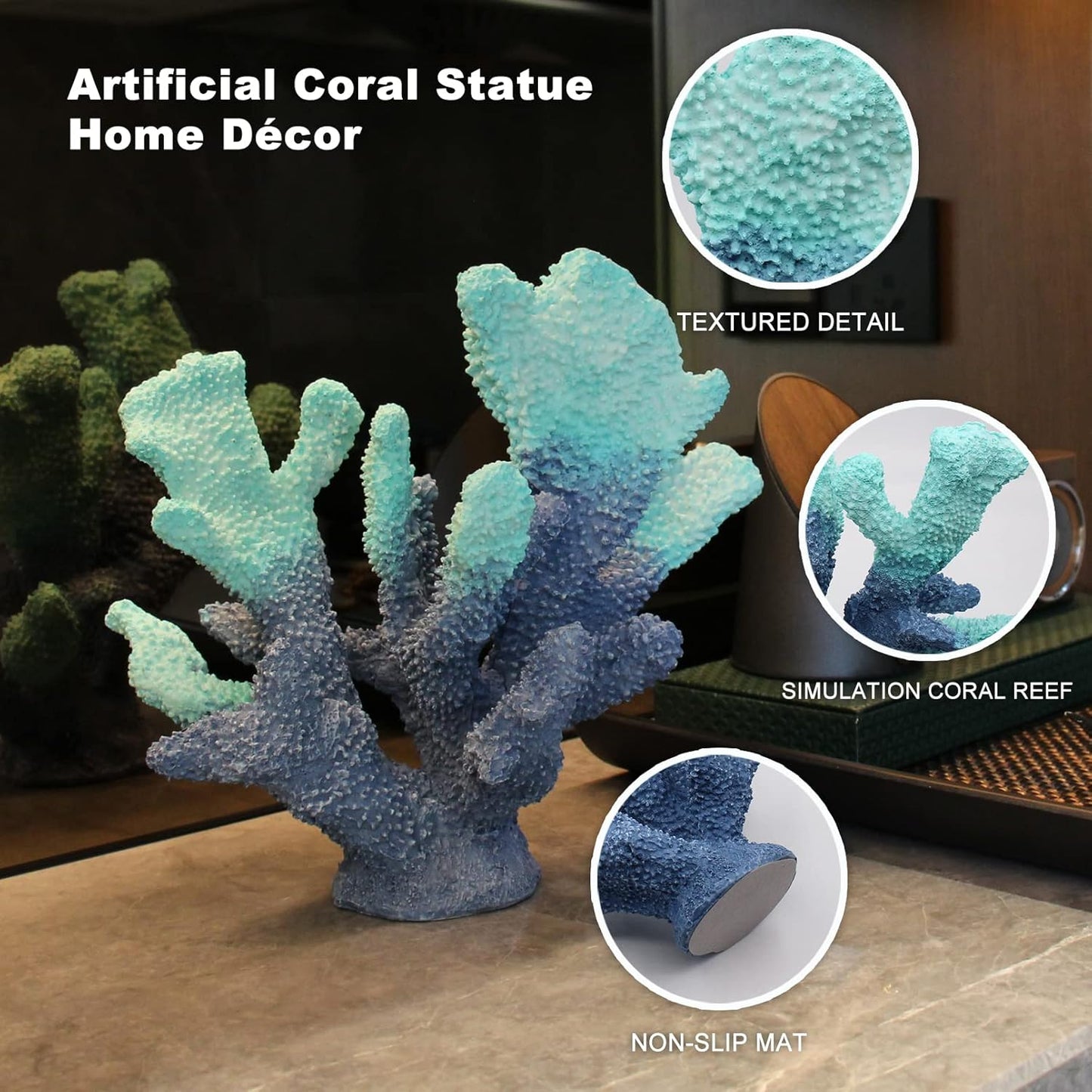 Blue Resin Coral Decorations Artificial Coral Statue Home Décor Accents Hawaiian Beach Decorations for Home Nautical Decorations Beach Themed Home Living Room Party Decor -8.2"