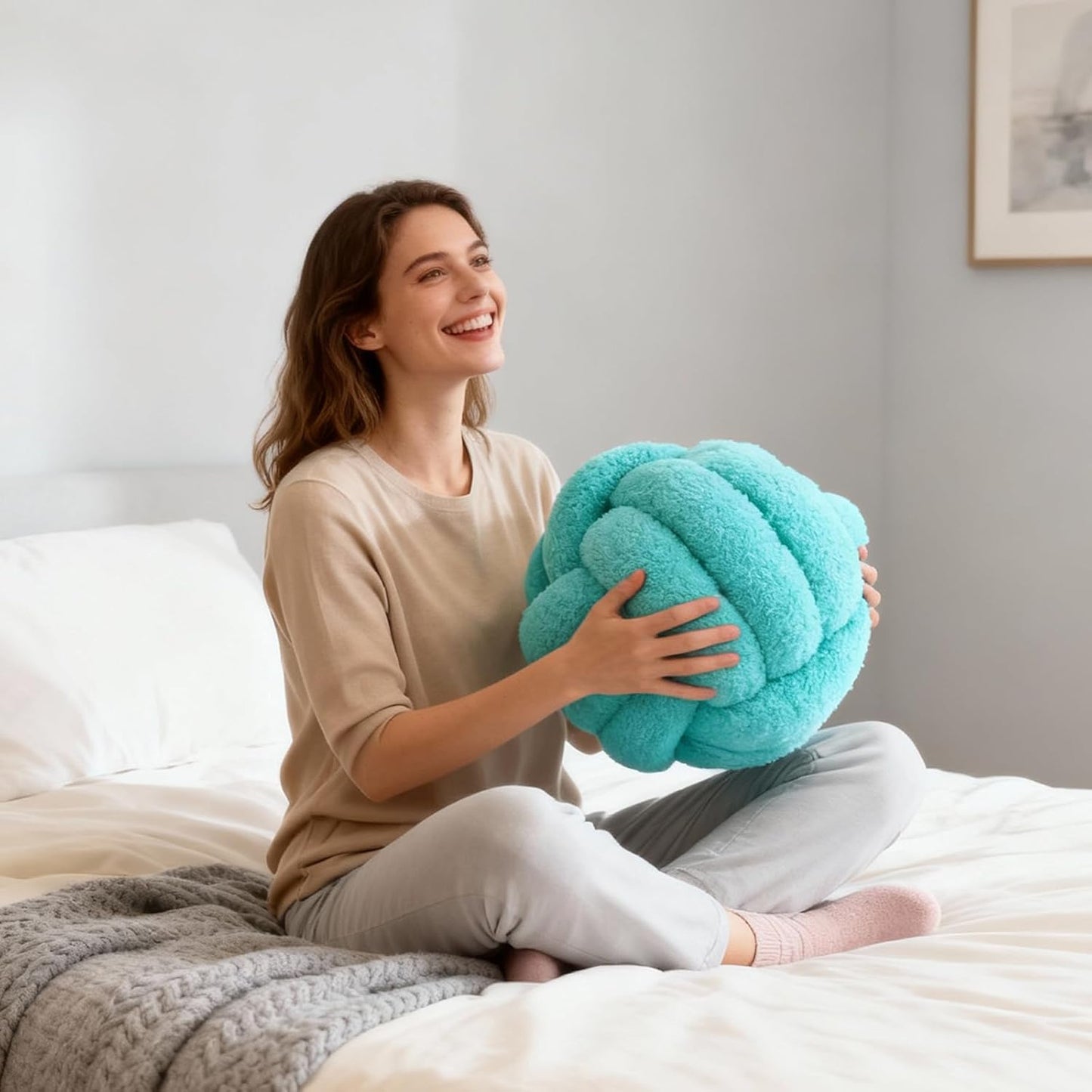 Knot Pillow Ball Plush - Decorative Throw Pillows for Bed Relieve Stress, Round Knot Cushion for Sofa Decor Pet Toy, Teal 12 inch