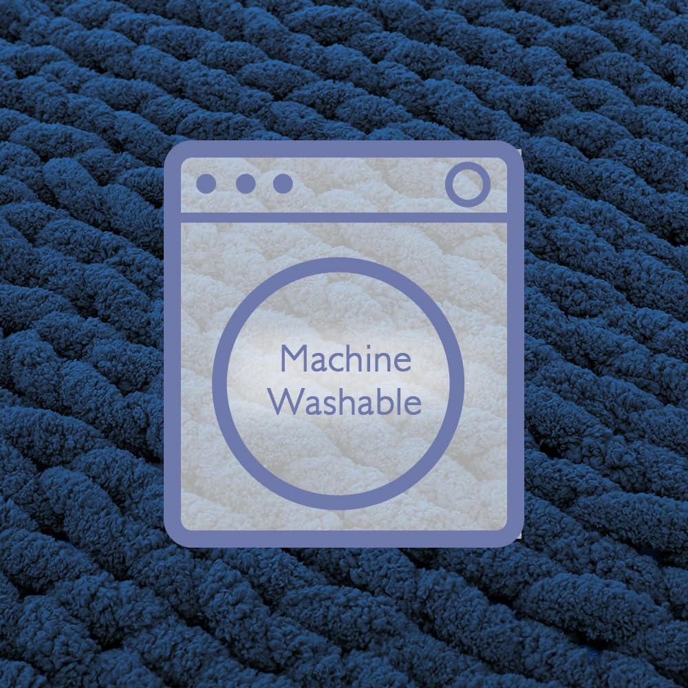 Bigacogo Chunky Knit Throw Blanket for Couch, 40x40 inches, 100% Hand Knitted with Thick Jumbo Chenille Yarn, Cozy Soft Large Rope Knot Cable Crochet Blankets for Sofa Bed Living Room, Navy Blue