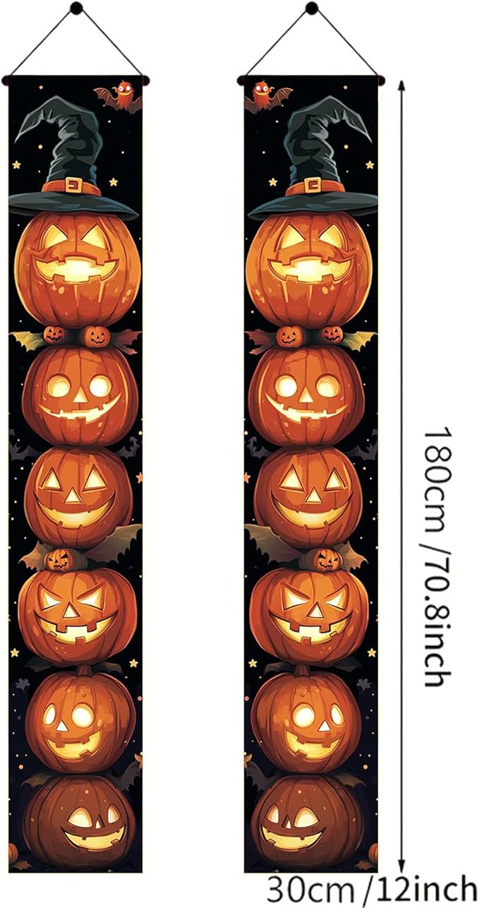 Halloween Door Banner 12x71 Inch Porch Hanging Front Door Indoor Outdoor Stacked Pumpkin Tower Witch Hat Bat Spooky Decorations Vertical Banner