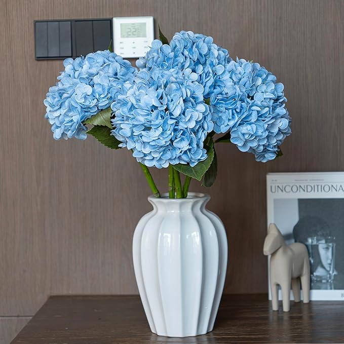 4PCS Artificial Flowers Large Hydrangeas Flowers Latex Bouquet for Wedding Bridal Office Home Party Decoration (4Pcs Blue)