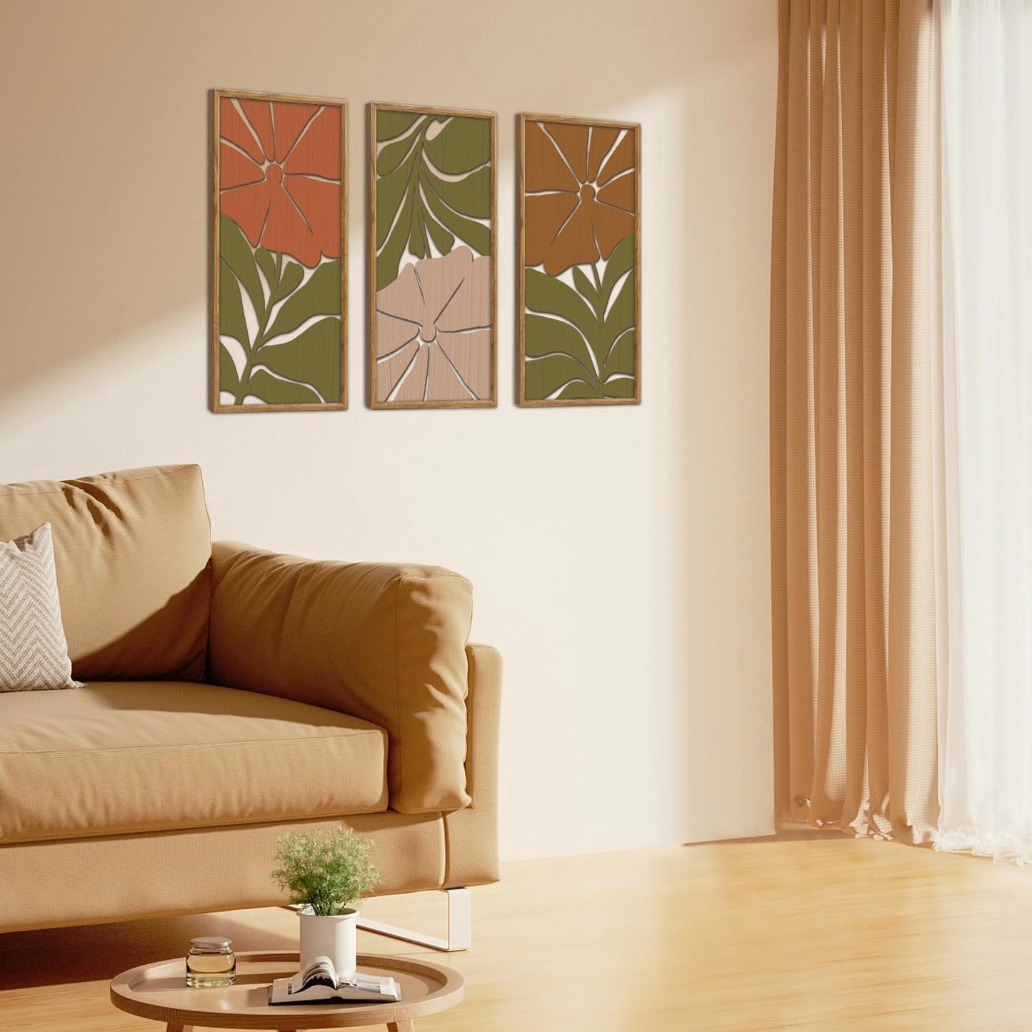 KAIRNE Boho Wooden Wall Art,Bohemian Wood Wall Decor Set of 3(16”X8”),Abstract Minimalist Hanging Decor,Vintage Farmhouse Bohemian Artwork for Living Room Bedroom Kitchen Office Decoration,Framed