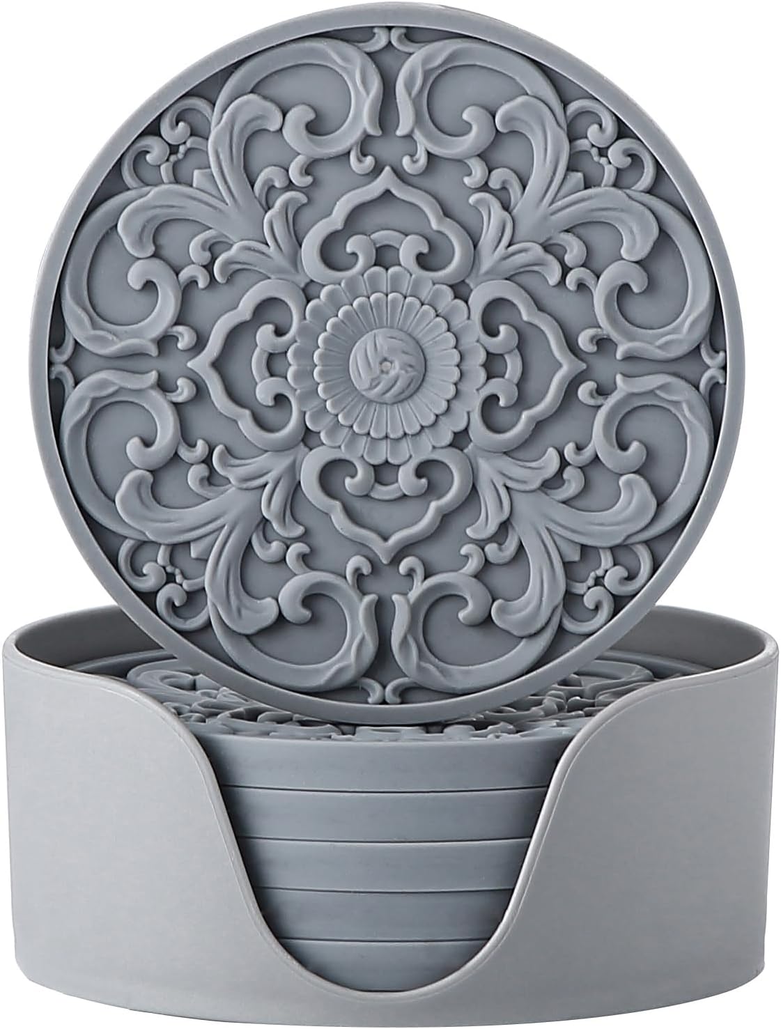 Colinda Silicone Coasters - Set of 6 with Holder, Non-Slip Cup Mats for Hot and Cold Drinks, Decorative Designs, Gift Ready Packaging, Cool Grey