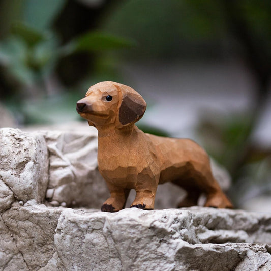 Mini Wooden Dachshund Figurine, 1.6" Hand-Carved Dog Statue, Wiener Dog Collectible for Animal Lovers, Rustic Shelf Decor with Gift Box for Birthday or Holiday