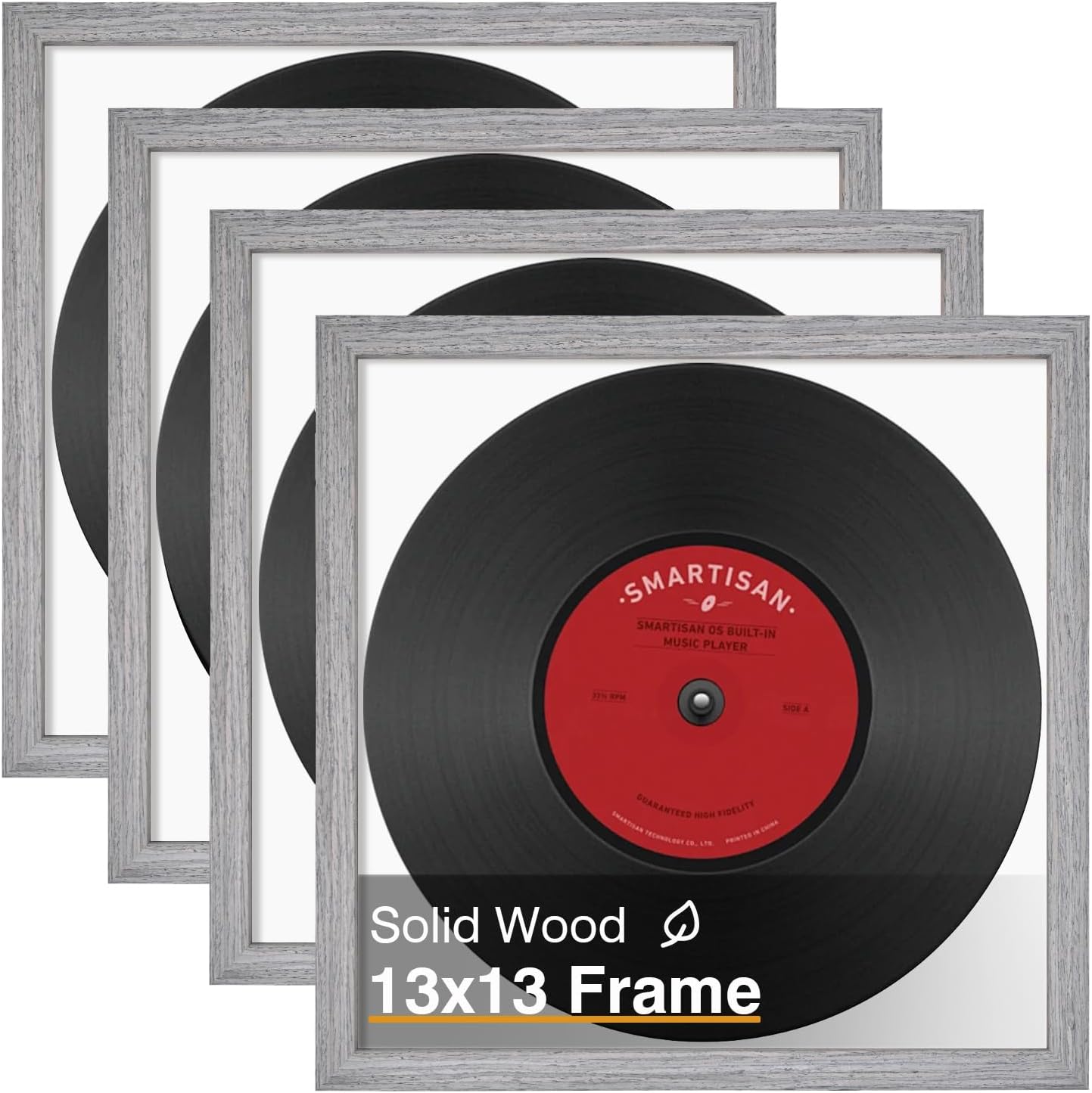 KINLINK 13x13 Picture Frame, Grey Square Solid Wood Frames for Pictures 13x13 without Mat and 12.5x12.5 Music Record Album, Wall Display Photo Frames Grey Wood 4 Pack