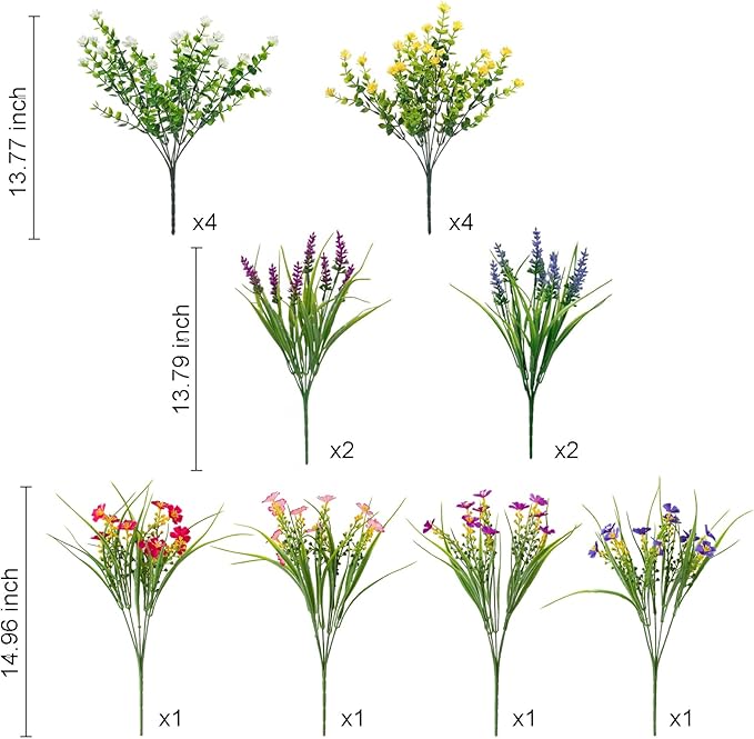 16 Bundles Artificial Flowers for Outdoor,UV Resistant Fake Flowers,Faux Plants for Outside Hanging Planters,No Fade Artificial Plants for Indoor Porch Garden Home Wedding Farmhouse Decor