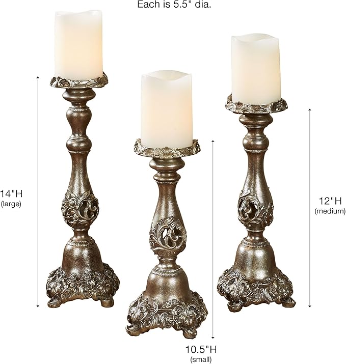 Touch of Class Victoria Acanthus Leaf Candleholders Set of 3 - Resin - Metallic Bronze, Silver - Candlesticks for Bedroom, Living Room, Mantel, Dining Room, Entryway, Foyer