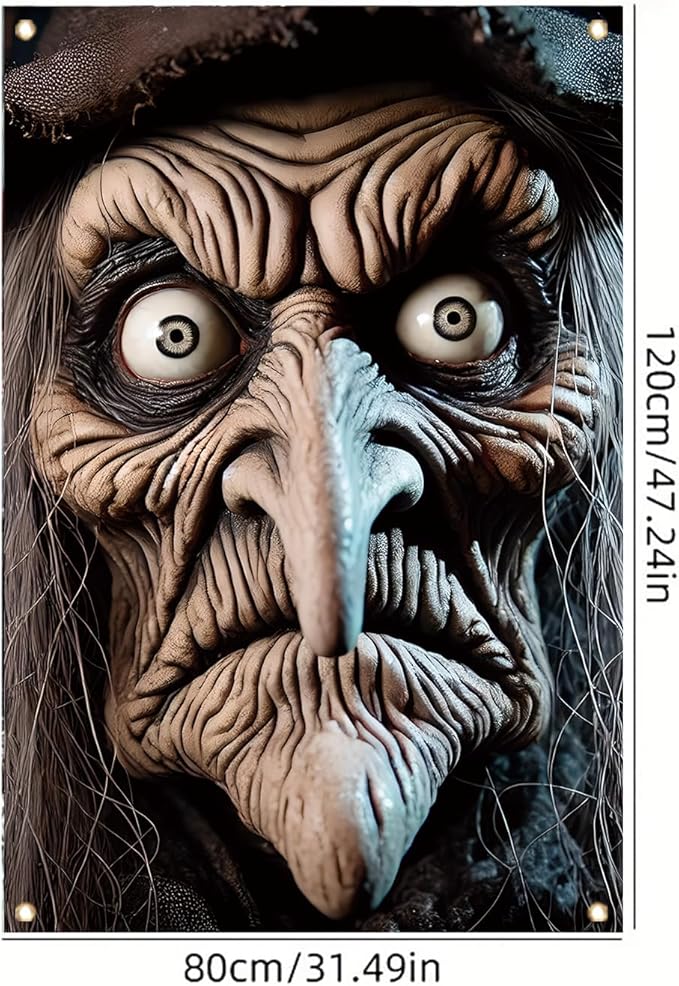 Scary Witch Window Cover Halloween Decoration Window Poster Realistic Creepy Face Haunted House Outdoor Indoor Horror decor for Door Party Supplies Spooky Scene Prop 47x31 Inch