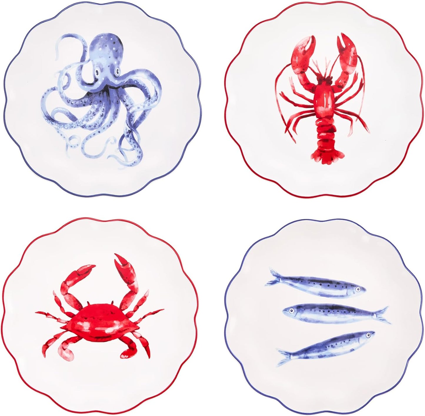 Bico Ocean Wonders Scalloped Salad Plates Set of 4, 8.75 Inch Ceramic Dessert Plates for Salad, Appetizer, Side Dishes, Microwave and Dishwasher Safe, Gift for Housewarming and Christmas