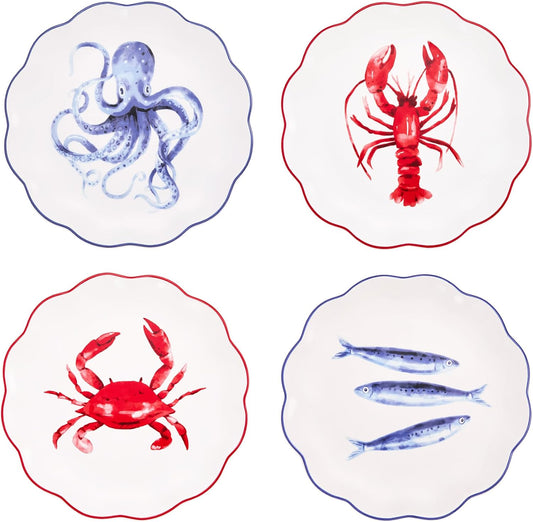 Bico Ocean Wonders Scalloped Salad Plates Set of 4, 8.75 Inch Ceramic Dessert Plates for Salad, Appetizer, Side Dishes, Microwave and Dishwasher Safe, Gift for Housewarming and Christmas