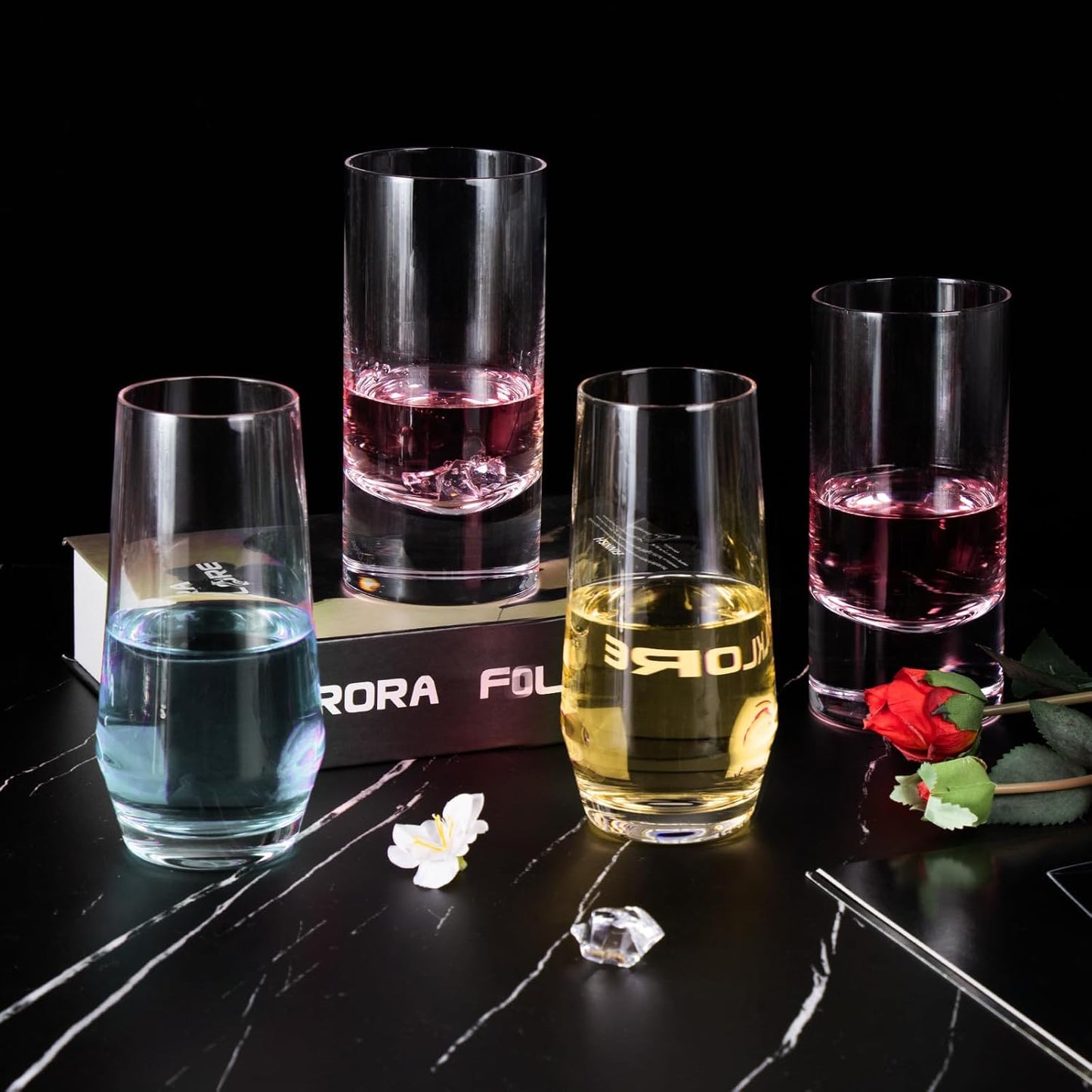 KAMMAK Drinking Glasses 12oz Crystal Water Glasses Set of 2, Tall Glass Cups, Highball Glass for Cocktail, Juice, Mojito, Iced Tea, Kitchen and Bar Glassware Gifts, Collins Glasses