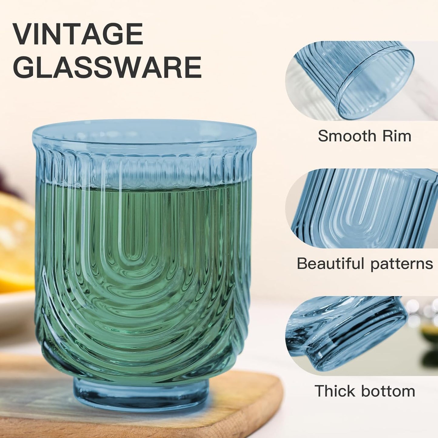 Blue Vintage Glassware Set of 6-14Oz Blue Water Drinking Glass, Art Deco Ripple Highball Glass, Whiskey Cocktail Glasses, for Bar Beverages Ice Coffee Juice, Housewarming Gifts