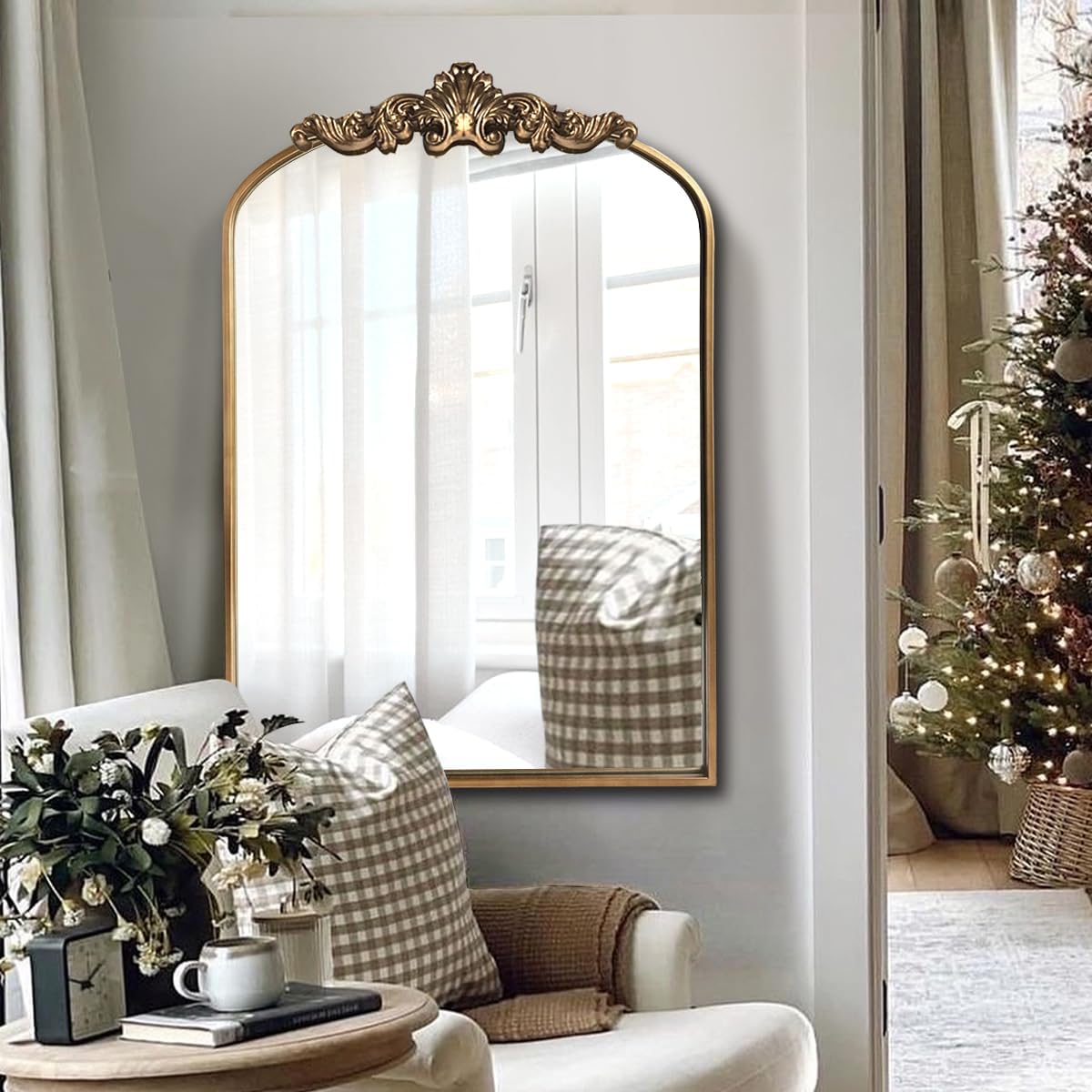 Gold Antique Mirror,24"X36" Arched Bathroom Mirror,Victorian Antique Bronze Mirrors with Full Matel Frame,Wall Arch Mirror for Entryway/Bathroom/Fireplace