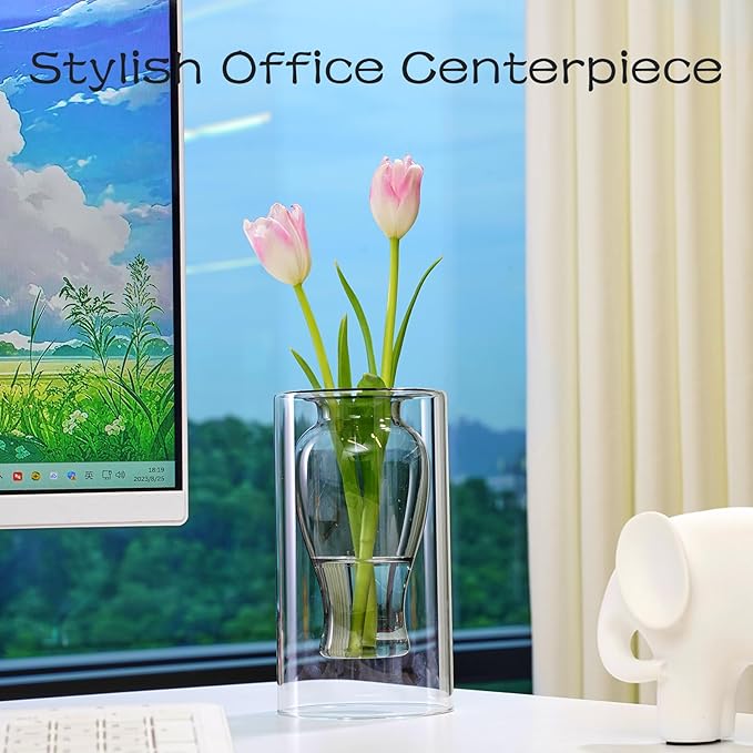 ZENS Unique Smokey Small Flower Vase, Modern Floating Decorative Vase, Double Hollow Cool Glass Hand Blown Bud Vase for Home Small Bouquet, Wedding Centerpieces