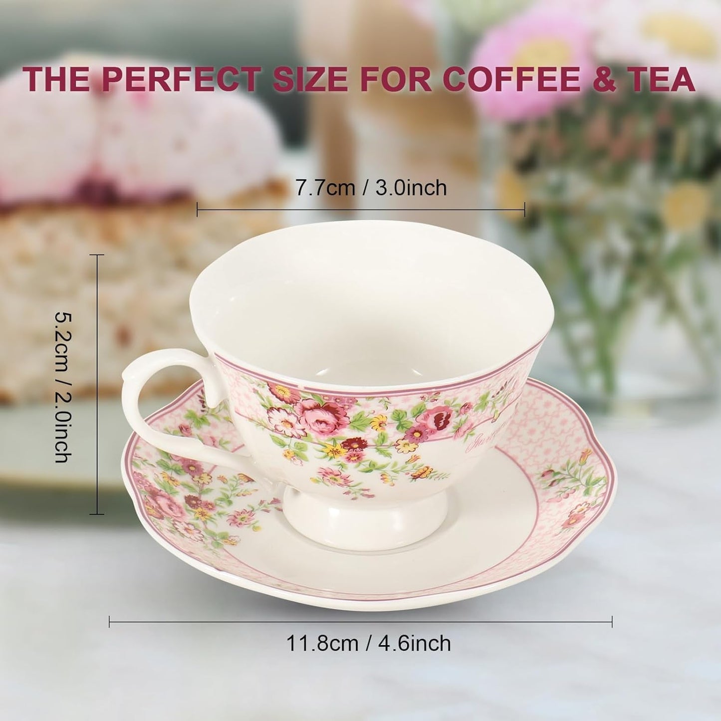 Cup and Saucer Sets of 2 with Spoon, 8oz Large Tea Coffee Cups and Saucers New Bone China Floral Vintage Cup & Saucer Sets Porcelain Tea Latte Mugs -Microwave Dishwasher Safe