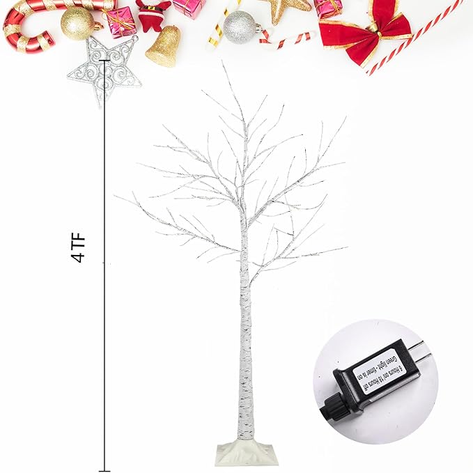 4-Pack 4FT Lighted Birch Tree (Higher Size & Floor Standing), Birch Christmas Tree for Indoor & Outdoor, Warm White 96 LED Birch Tree Lights for Outdoor Christmas Decorations Indoor Home Thanksgiving