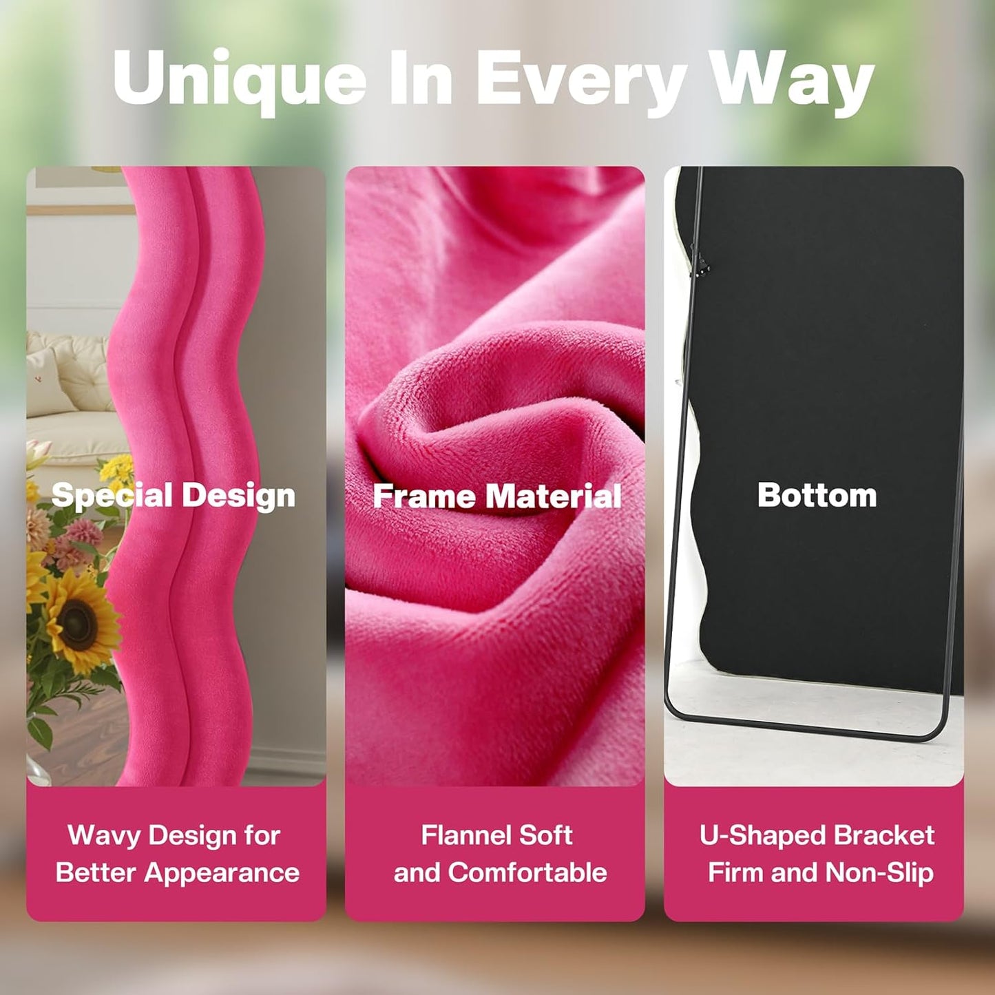 Full Length Mirror 71"x30" Irregular Wavy Full Body Wall Mounted Floor Mirror with Stand Hot Pink Flannel Frame Leaning Hanging Wall for Bedroom Entrance Hallway