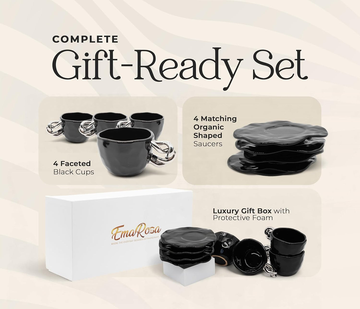 EmaRosa Ceramic Tea Cup Set with Silver Handle – Black Faceted Teacup and Saucer Set of 4 – Elegant Mugs Set of 4 for Coffee or Tea – Luxury Gift Box