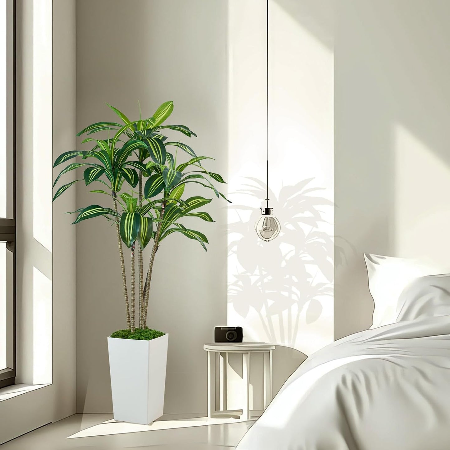 Dracaena Artificial Plants Indoor, 5FT Tall Faux Tree with White Tall Planter, Fake Yucca Tree Floor Plant, Artificial Trees for Home Office Living Room Garden Decor Outdoor, Housewarming Gift