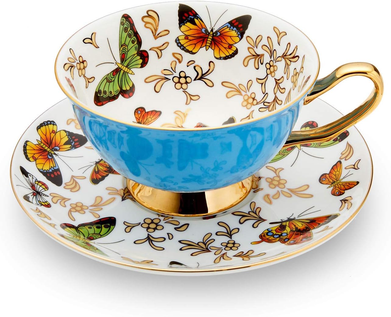 LURRIER Coffee Cup Mug with Saucer for Latte, Cappuccino Tea with Butterflies 6.8 Oz Fine Bone China, Dishwasher Safe, Reactive Glaze, 1 Pcs