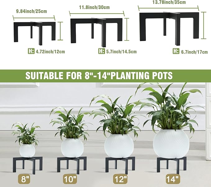 Heavy-Duty Metal Plant Stands Indoor Outdoor, 2/3 Pack Modern Plant Holder & Rattan Stool - Low Short Black Plant Stands Fit 5-12 Inch Pots (Plant Not Included)(3Pcs)