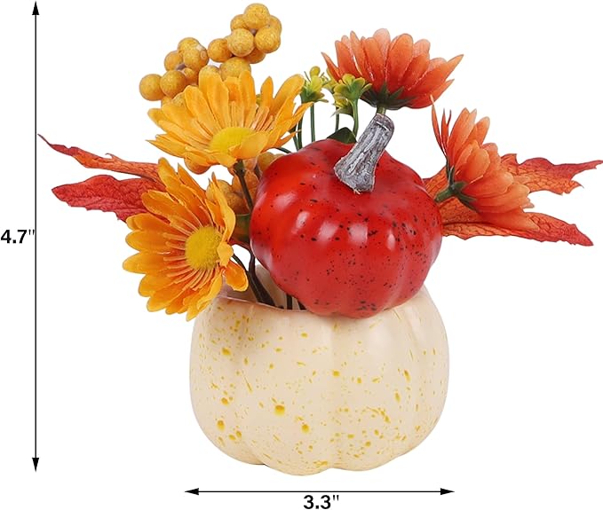 winemana Fall Decorations for Home - Set of 6 Artificial Pumpkins with Maple & Flowers, Thanksgiving Table Decor, Pumpkin Vases Centerpiece for Kitchen Office Indoor
