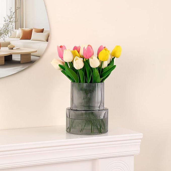 Black Glass Vase, Ribbed Glass Vase for Tulips, Flower Vases for Bouquet, Black Modern Vases for Living Room, Dining Table, Entryway, Mantle, Shelf, Wedding, Office, 7.5 Inches